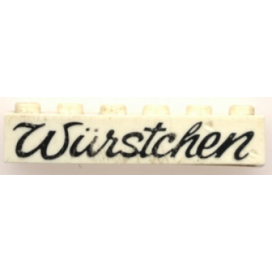 white brick 1 x 6 with black würstchen script pattern wurstchen