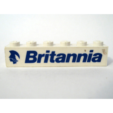 white brick 1 x 6 with blue britannia and logo pattern model left side sticker - set 1599