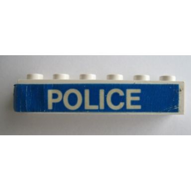 white brick 1 x 6 with white police on blue background pattern sticker - set 364