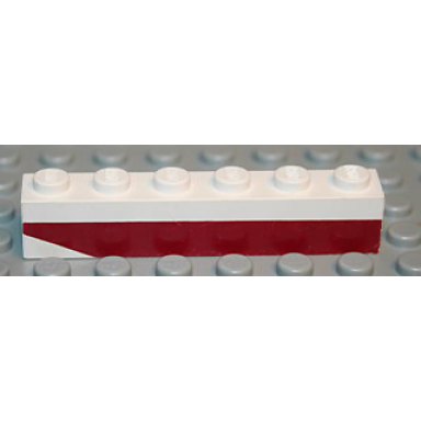 white brick 1 x 6 with dark red bottom stripe inverted slope at left end pattern