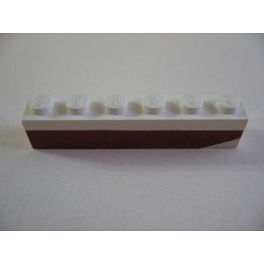 white brick 1 x 6 with dark red bottom stripe inverted slope at right end pattern