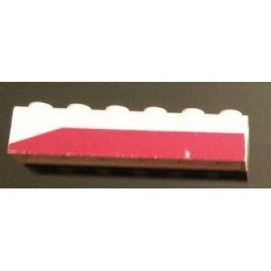 white brick 1 x 6 with dark red bottom stripe slope at left end pattern