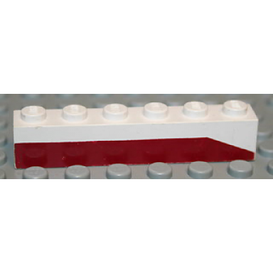 white brick 1 x 6 with dark red bottom stripe slope at right end pattern