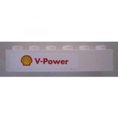 white brick 1 x 6 with shell logo and v-power on white background pattern sticker - set 8673