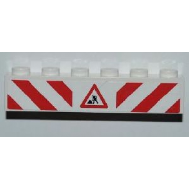 white brick 1 x 6 with red and white danger stripes and construction worker sign pattern on both sides stickers - set 8199