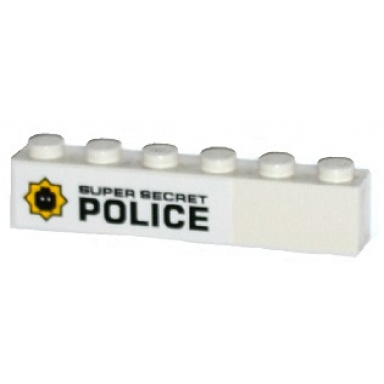 white brick 1 x 6 with minifigure head badge and super secret police pattern model left side sticker - set 70819