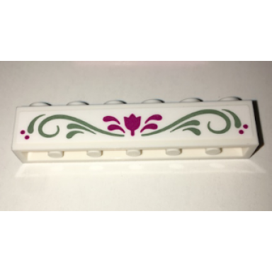 white brick 1 x 6 with magenta flower and sand green scrollwork pattern sticker - set 41068
