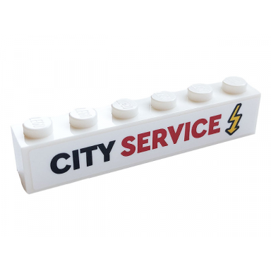 white brick 1 x 6 with black and red city service and yellow electricity symbol pattern sticker - set 60306