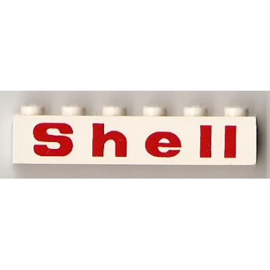 white brick 1 x 6 with red shell wide with rounded e pattern