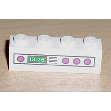 white brick 1 x 4 with dark pink knobs and 13:26 clock pattern sticker - set 5895