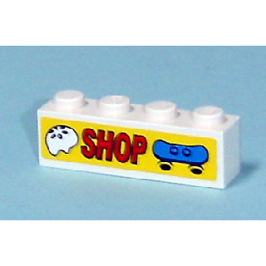 white brick 1 x 4 with shop with skateboard and helmet pattern sticker - set 7641
