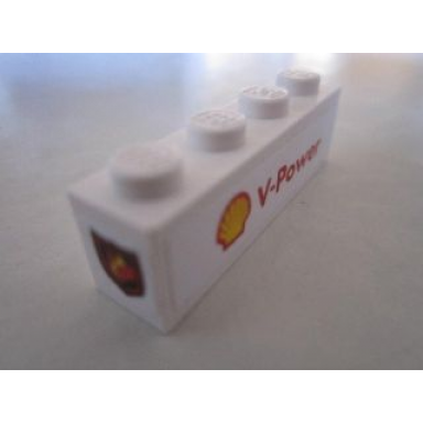 white brick 1 x 4 with fire logo badge on end and shell logo and v-power on white background pattern stickers - set 8673