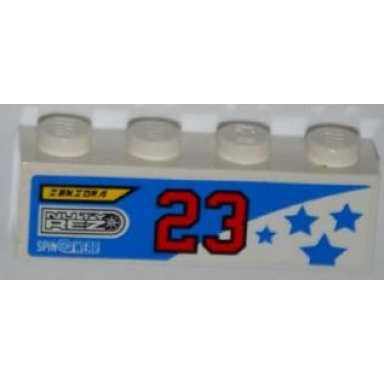 white brick 1 x 4 with zenzora nuty rez spin wear number 23 and blue stars pattern model left side sticker - set 8125