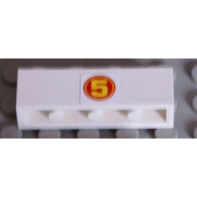 white brick 1 x 4 with yellow 5 in red circle pattern sticker - set 8158
