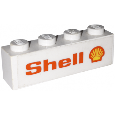 white brick 1 x 4 with shell text and logo pattern model left side sticker - set 7735