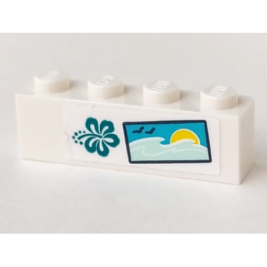 white brick 1 x 4 with dark turquoise hibiscus flower 2 birds water and sun pattern sticker - set 41364
