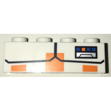 white brick 1 x 4 with black angled lines and display with blue and orange squares and silver rectangle pattern brickheadz commander cody torso