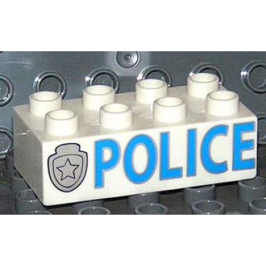 white duplo brick 2 x 4 with police and star badge silver pattern