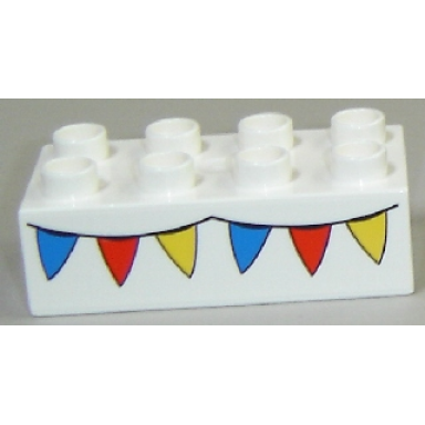 white duplo brick 2 x 4 with blue red and yellow bunting pattern