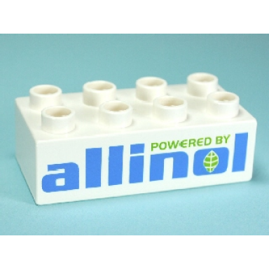 white duplo brick 2 x 4 with powered by allinol pattern