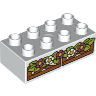 white duplo brick 2 x 4 with flowers and leaves on wooden fence pattern
