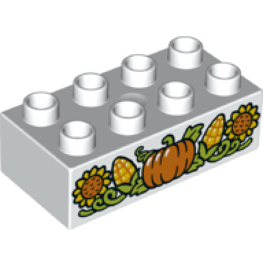 white duplo brick 2 x 4 with pumpkin corn and sunflowers pattern