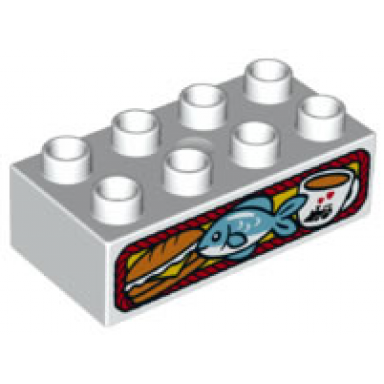 white duplo brick 2 x 4 with sandwich fish and coffee cup pattern