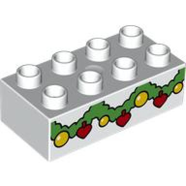 white duplo brick 2 x 4 with green christmas garland with yellow balls and red hearts pattern