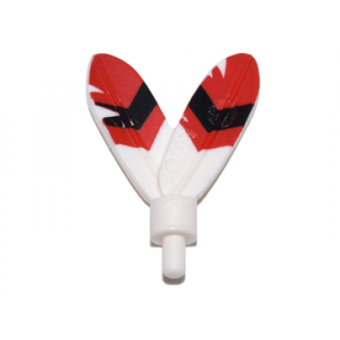 white minifigure plume feathers with small pin with red tips and black stripes pattern