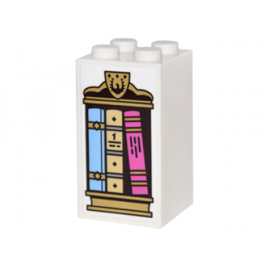 white brick 2 x 2 x 3 with gold bookcase with crest and 3 books pattern sticker - set 41067