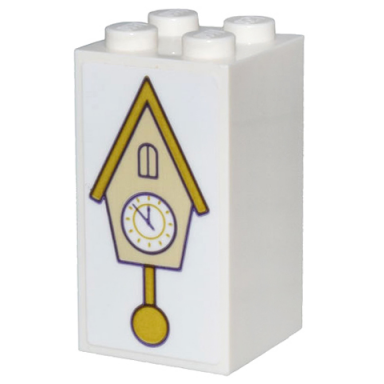 white brick 2 x 2 x 3 with gold and tan cockoo clock with white clock face pattern sticker - set 43205