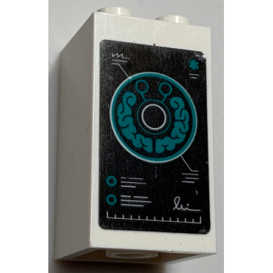 white brick 2 x 2 x 3 with dark turquoise minifigure head brain scan image on black background pattern sticker - set 60330