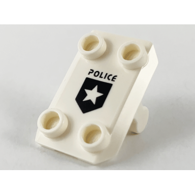 plate modified 2 x 3 inverted with 4 studs and bar handle on bottom rocker plate with black police and shield with star pattern