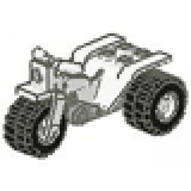 white tricycle with dark gray chassis and white wheels - notched holes on rear wheels