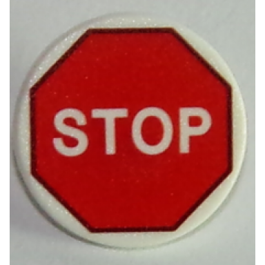 white road sign 2 x 2 round with clip with white stop in red octagon pattern