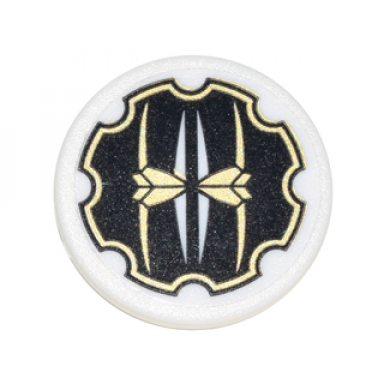 white road sign 2 x 2 round with clip with black gear outline with gold edges and symbols pattern sticker - set 70620
