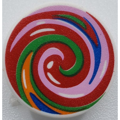 white road sign 2 x 2 round with clip with blue bright pink green orange and red swirled lollipop pattern