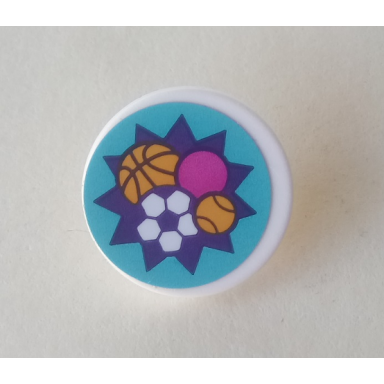 white road sign 2 x 2 round with clip with basketball soccer ball football tennis ball and dark pink ball in dark purple starburst on medium azure background pattern sticker - set 41312