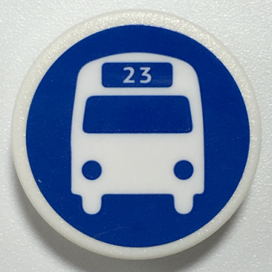 white road sign 2 x 2 round with clip with white bus silhouette with 23 on blue background pattern sticker - set 70425