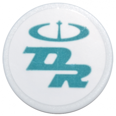 white road sign 2 x 2 round with clip with dark turquoise antenna logo and dr pattern sticker - set 71799