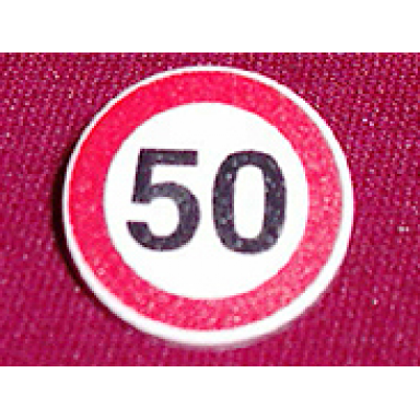 white road sign 2 x 2 round with clip with black 50 in red circle pattern