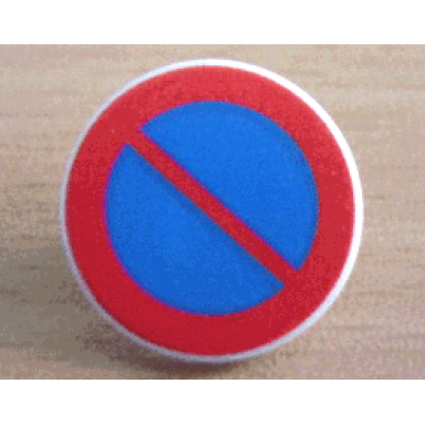 white road sign 2 x 2 round with clip with blue and red no parking pattern