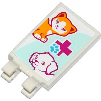 white tile modified 2 x 3 with 2 clips with cat dog magenta cross and animal paw pattern sticker - set 41085
