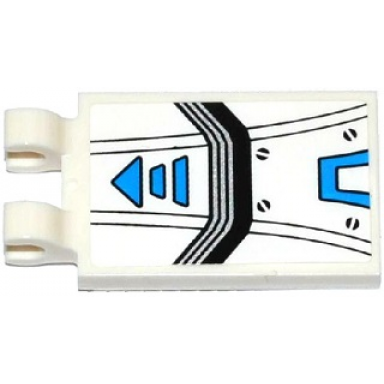 white tile modified 2 x 3 with 2 clips with armor plates blue arrow black lines 4 screws and blue stripe pattern sticker - set 70737