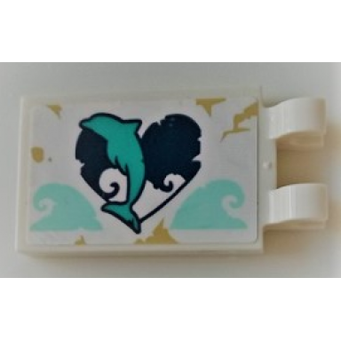 white tile modified 2 x 3 with 2 clips with dark turquoise dolphin on heart pattern sticker - set 41378