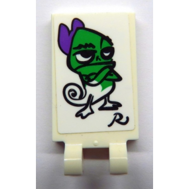 white tile modified 2 x 3 with 2 open o clips with painting of bright green chameleon with medium lavender bow pascal and capital letter r signature pattern sticker - set 41156