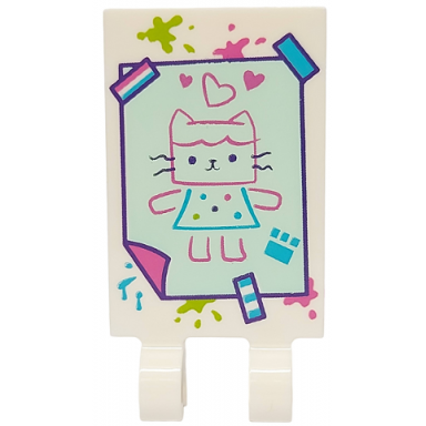 white tile modified 2 x 3 with 2 open o clips with light aqua cat picture with hearts tape and dark pink lime and medium azure paint splotches pattern