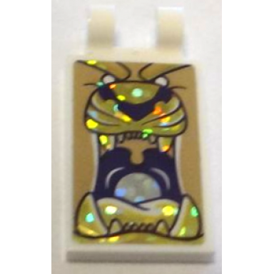 white tile modified 2 x 3 with 2 open o clips with dark purple tan and holographic gold tiger head with open mouth and teeth cave of wonders pattern sticker - set 41161