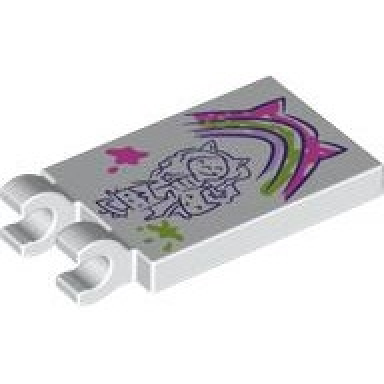 white tile modified 2 x 3 with 2 open o clips with dark purple drawing of gabby and kittens dark pink lavender and lime rainbow with cat ears painting and paint splotches pattern