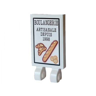 white tile modified 2 x 3 with 2 open o clips with black boulangerie and artisanale depuis 1998 medium nougat reddish brown and tan croissants baguette and cookies pattern sticker - set 910032